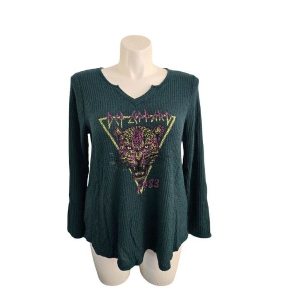 Lane Bryant Def 1983 Leopard Ribbed Tee Women 14/16 Green V-Neck 3/4 Sleeve